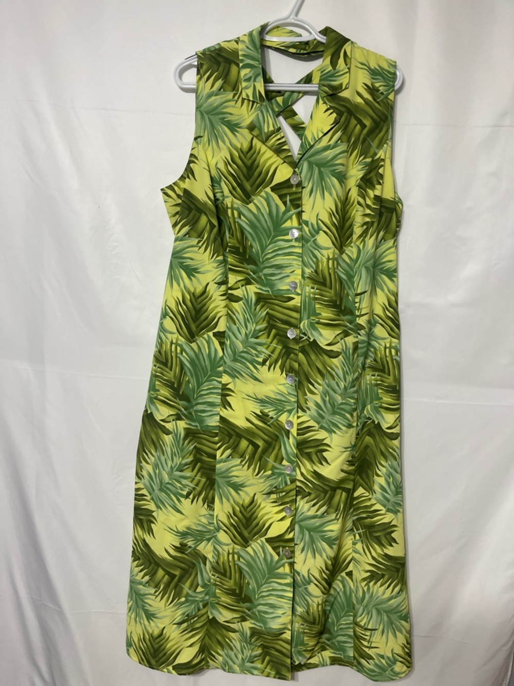 Button-Front Green Palm-Print Midi Dress